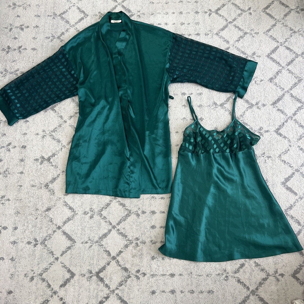 VTG Victoria Secret Robe Gown‎ Set Forest Green Gold Label M Lingerie Nightgown